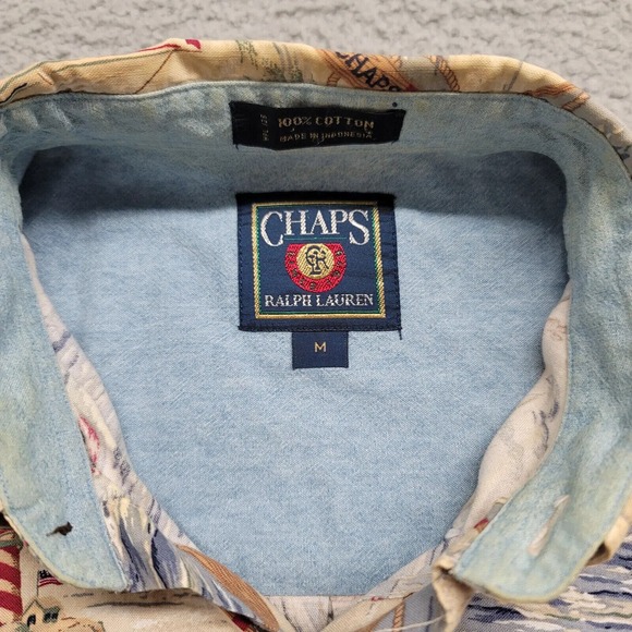 Chaps Ralph Lauren Shirt Mens Medium Tan All Over Print Nautical Light House - Picture 9 of 13